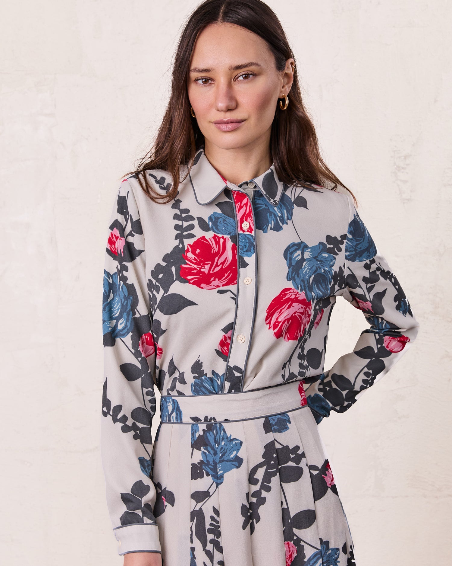 Piped Button Down Blouse-Floral