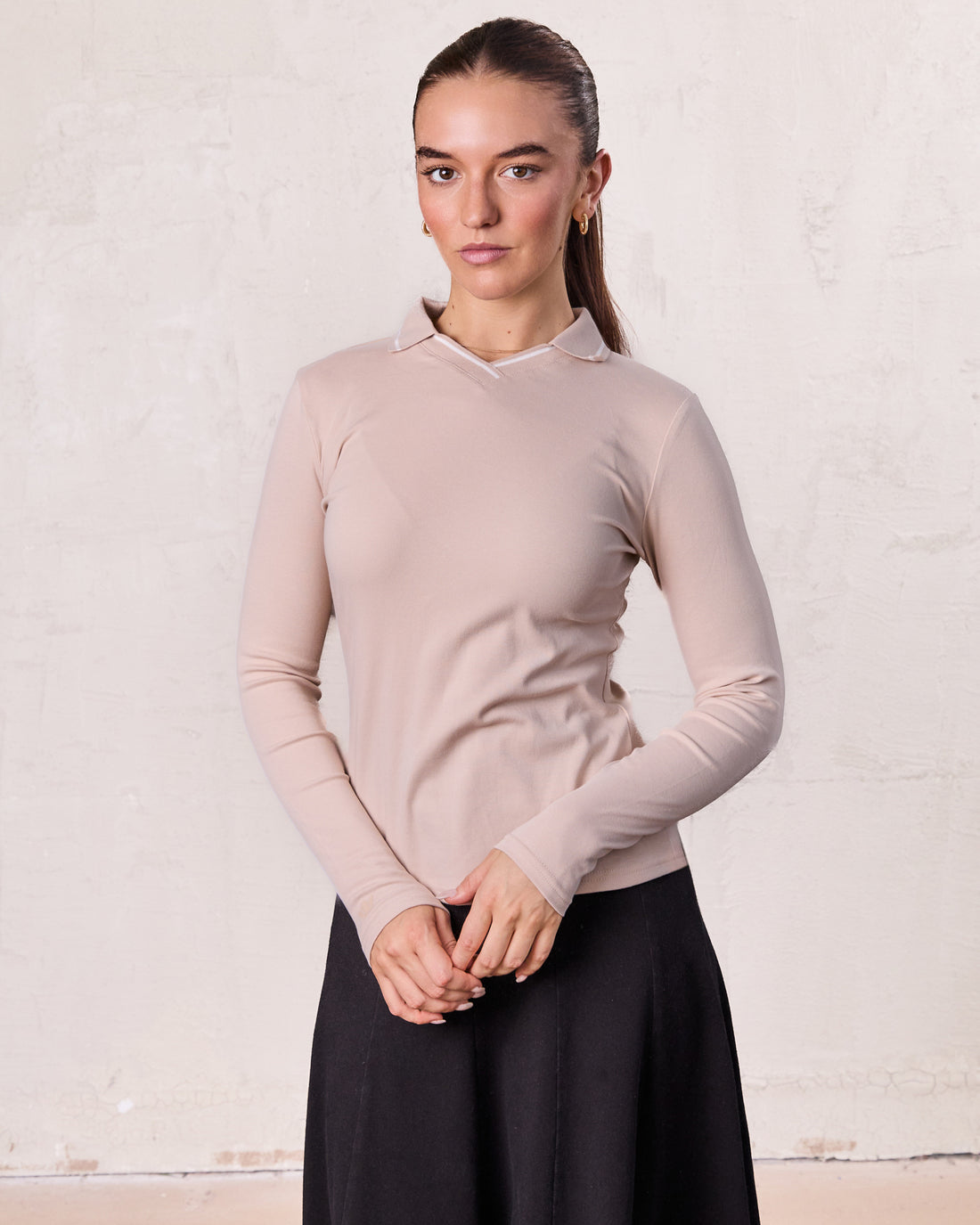 Collared High V T-Shirt-Bone