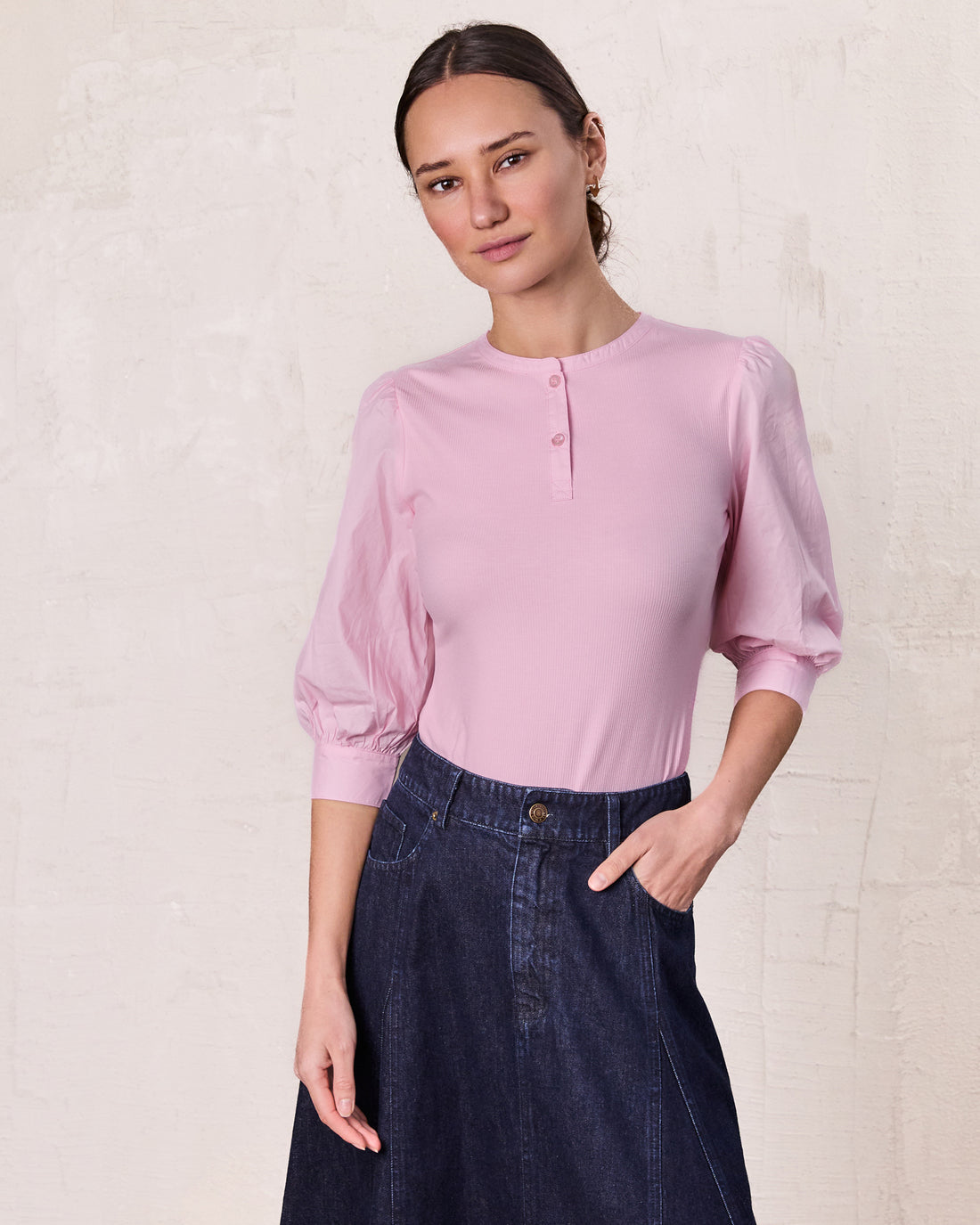 Puff Sleeve Ribbed T-Shirt-Pink