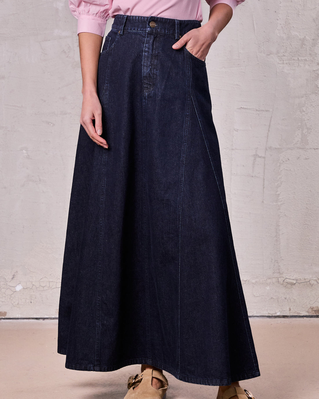 Seamed Full Denim Skirt-Dark Blue