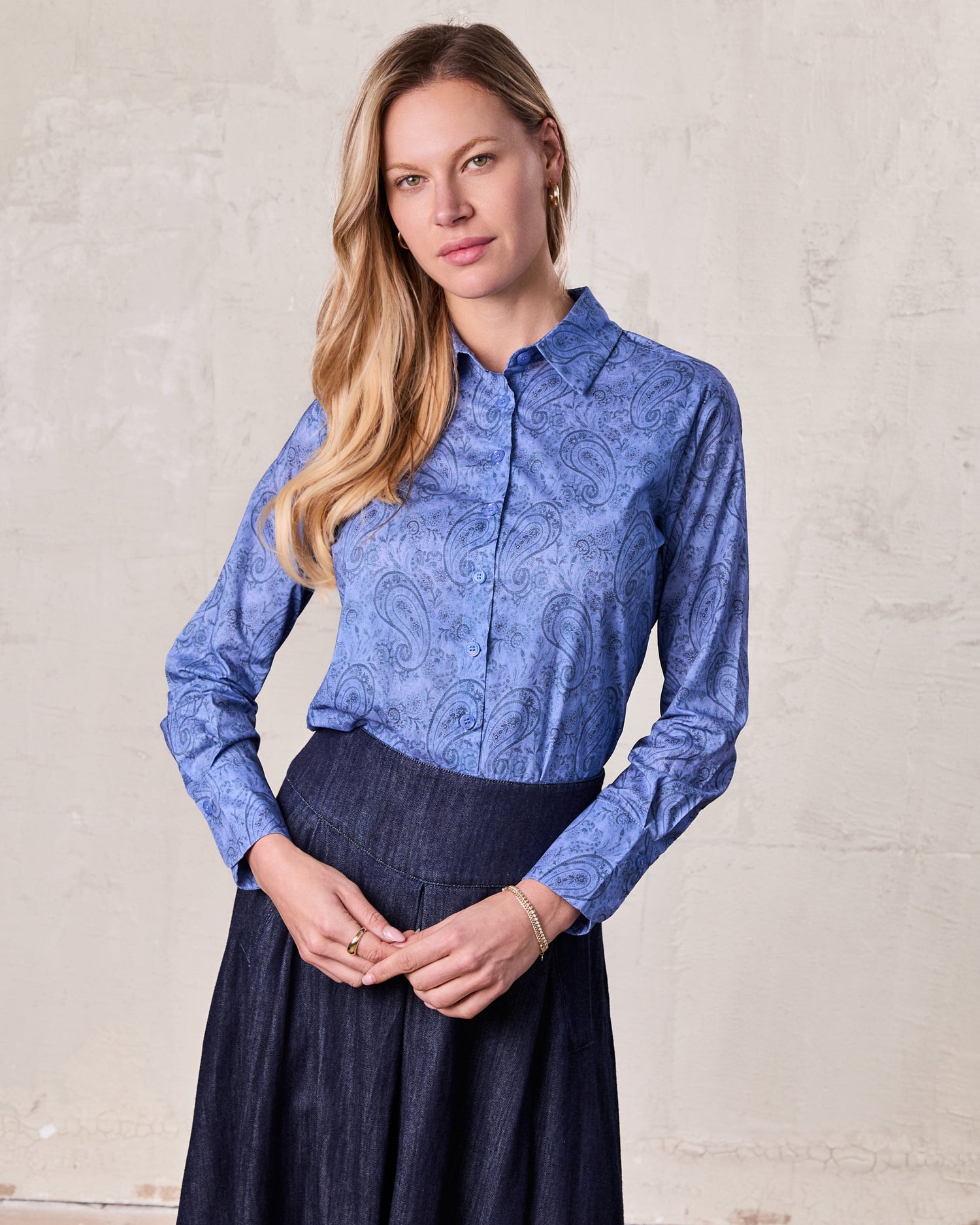 Button Down Collared Blouse-Blue Cotton Paisley