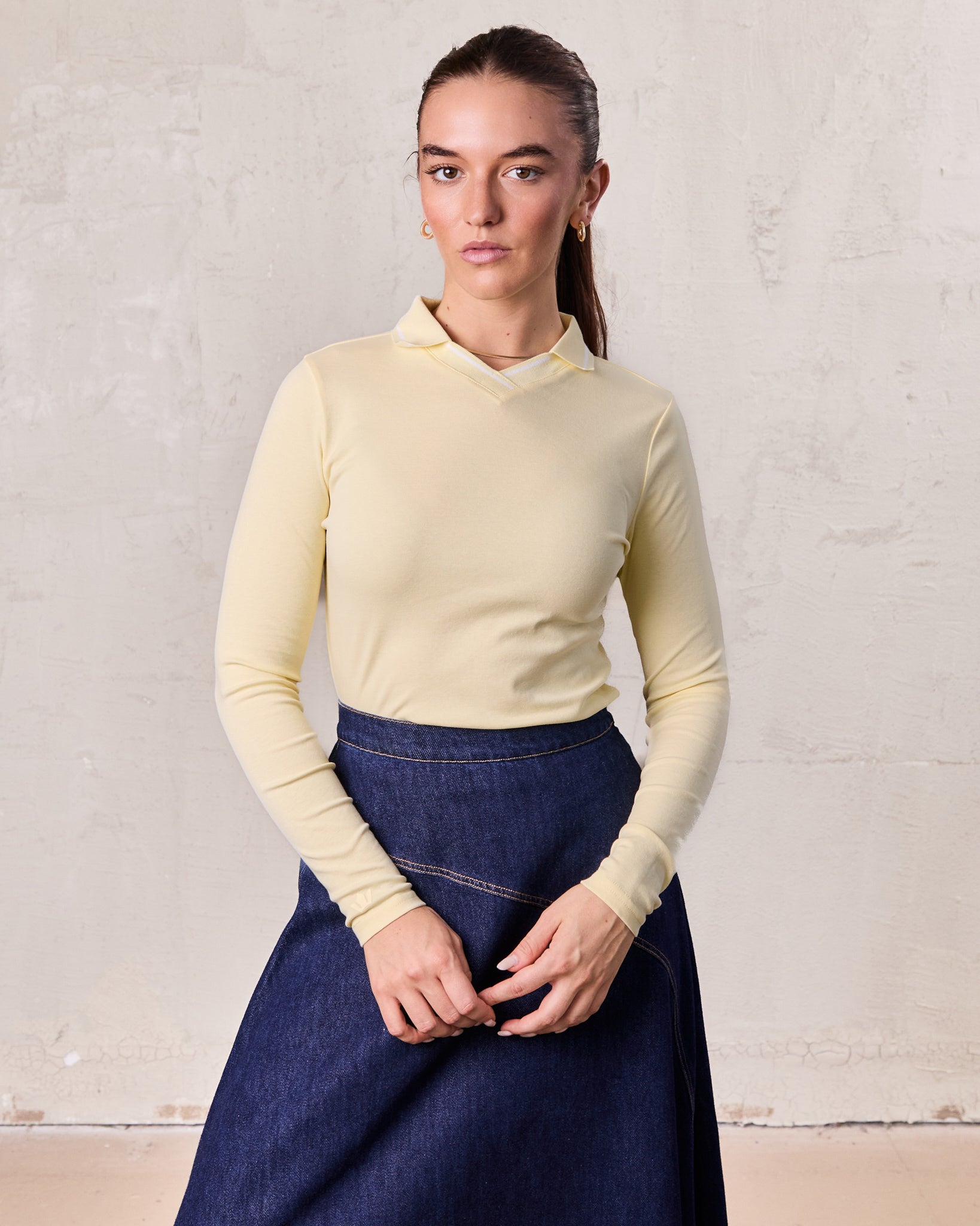 Collared High V T-Shirt-Yellow