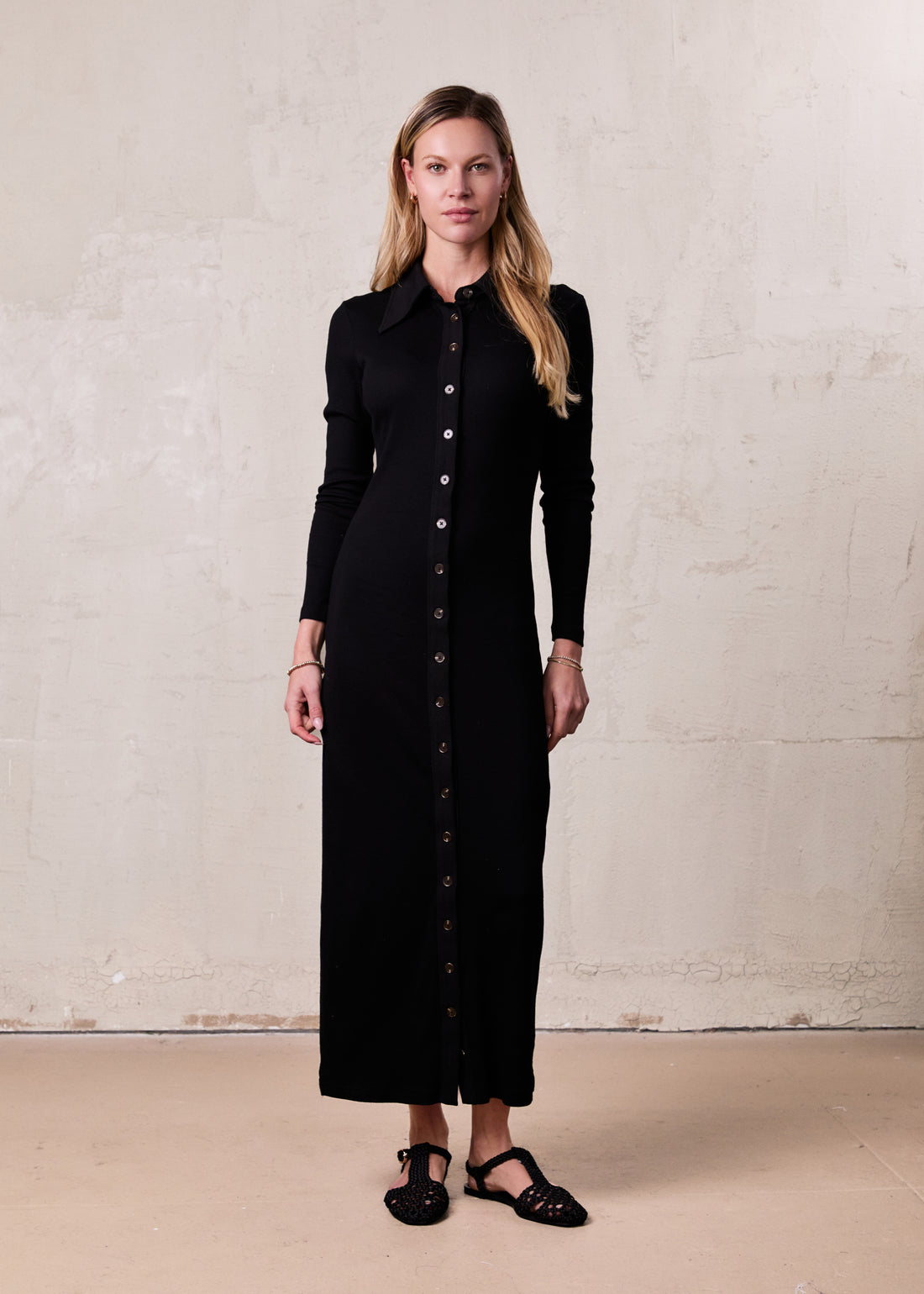 Button Down Ribbed Maxi Dress-Black