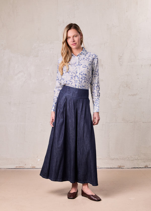 Button Down Collared Blouse-Blue Watercolor