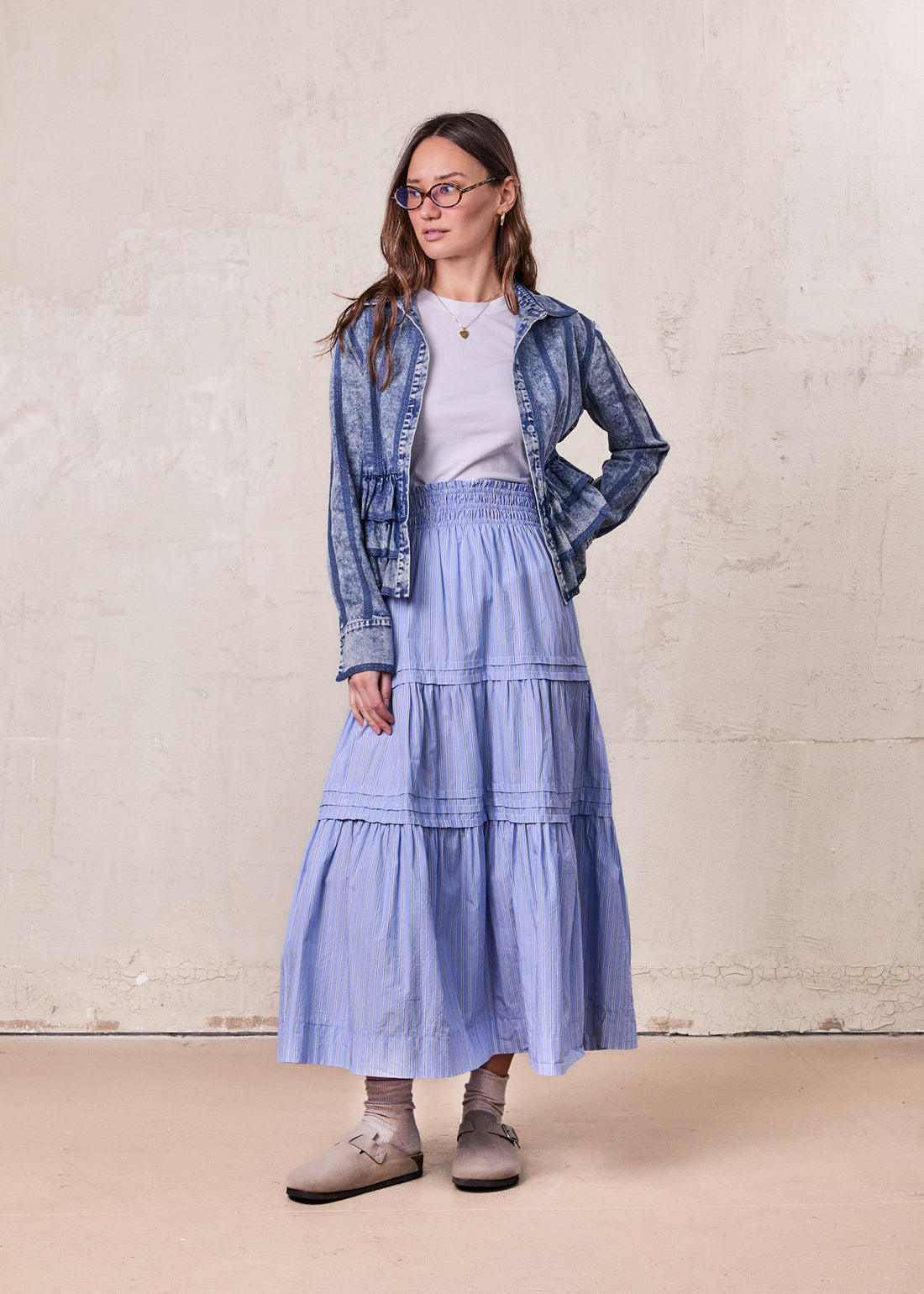 Striped Prairie Skirt-Light Blue