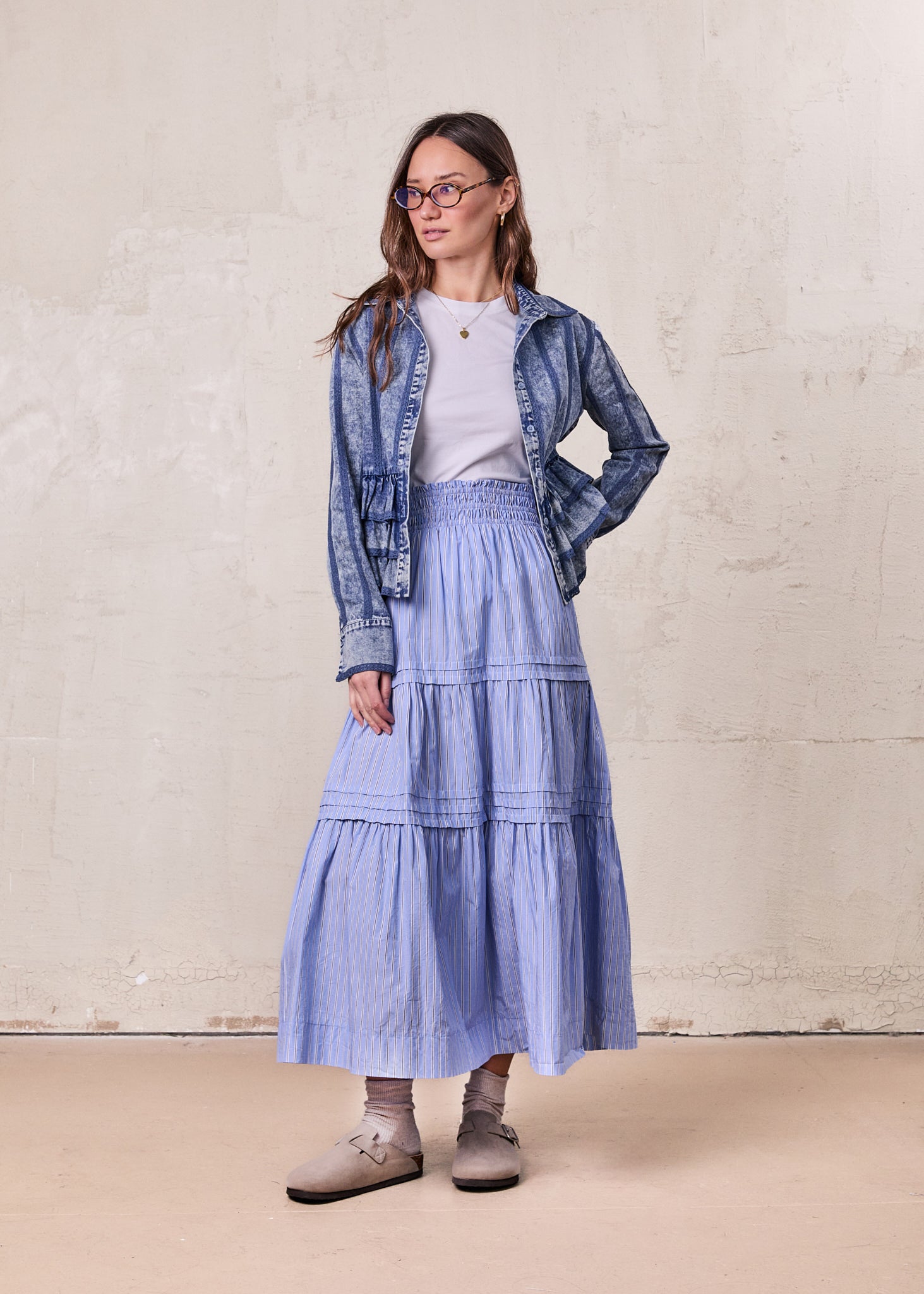 Striped Prairie Skirt-Light Blue