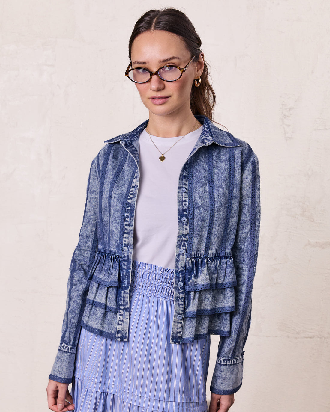 Ruffle Layer Jacket-Washed Denim