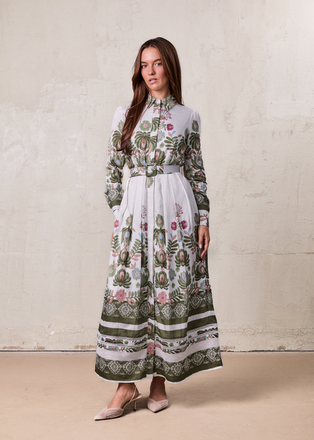 Belted Pleated Bottom Shirtdress-Floral Design