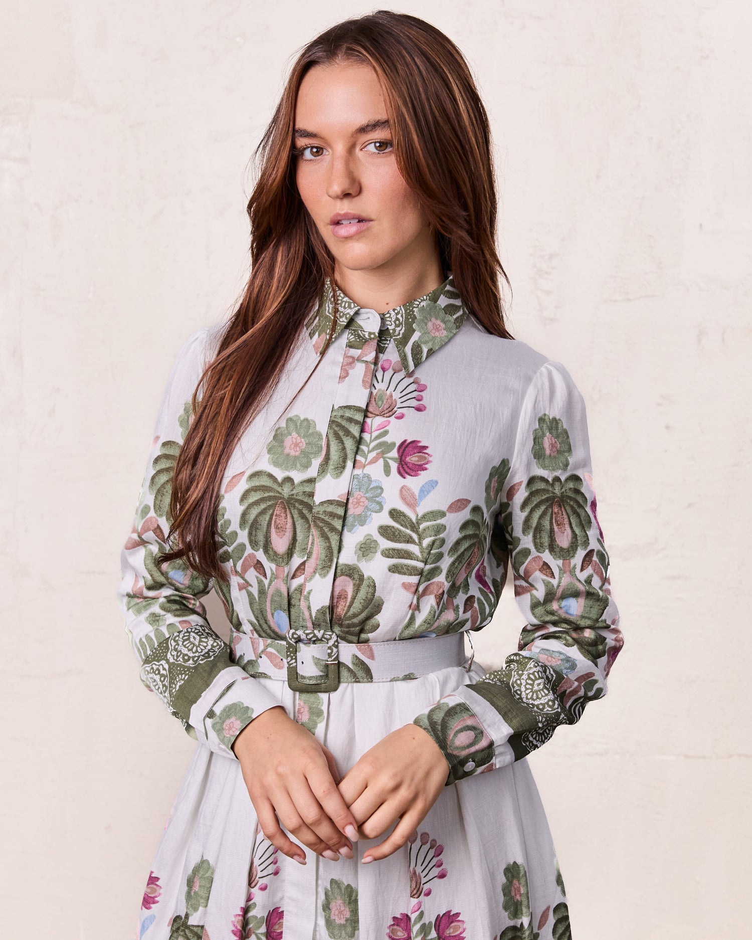 Belted Pleated Bottom Shirtdress-Floral Design