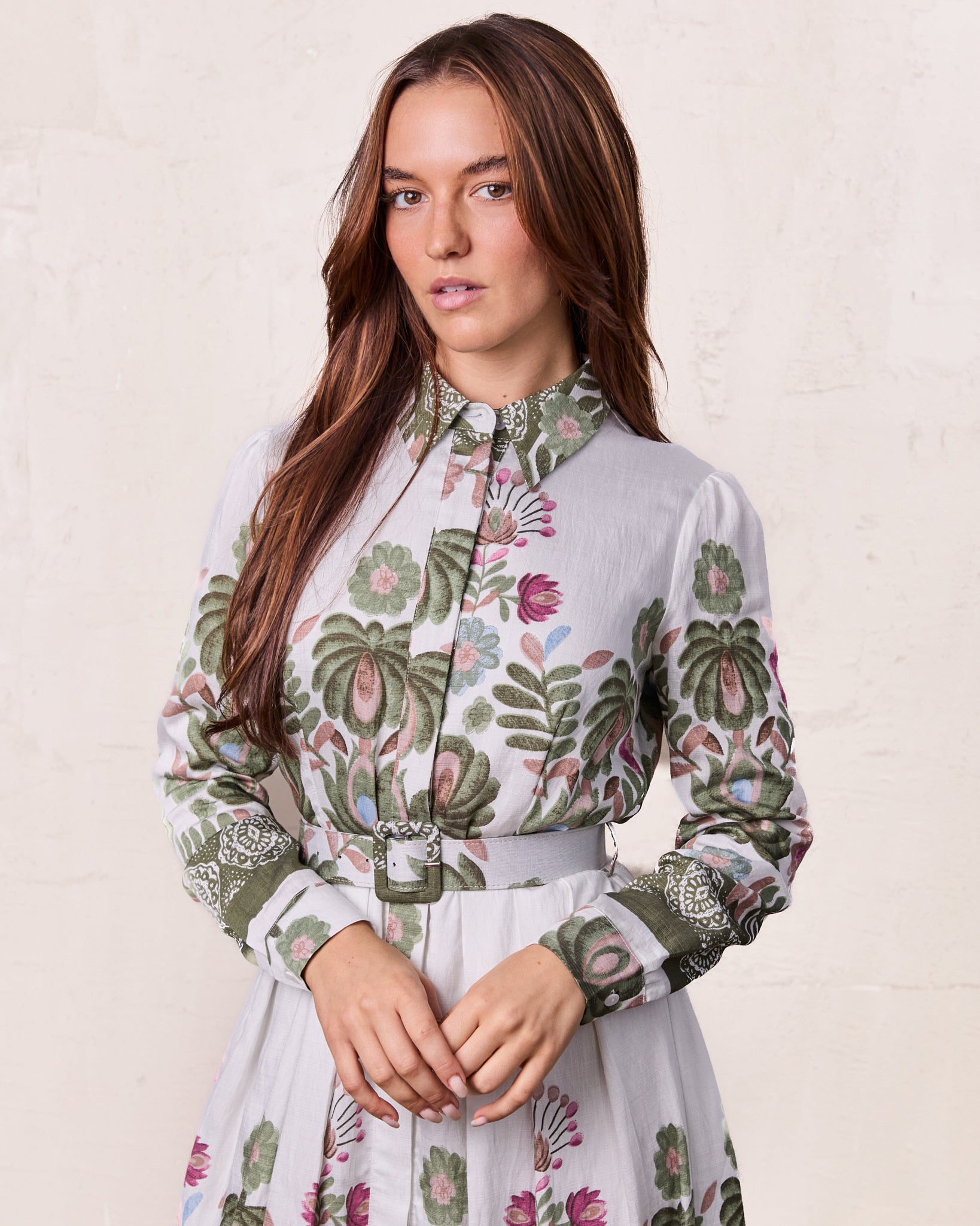 Belted Pleated Bottom Shirtdress-Floral Design