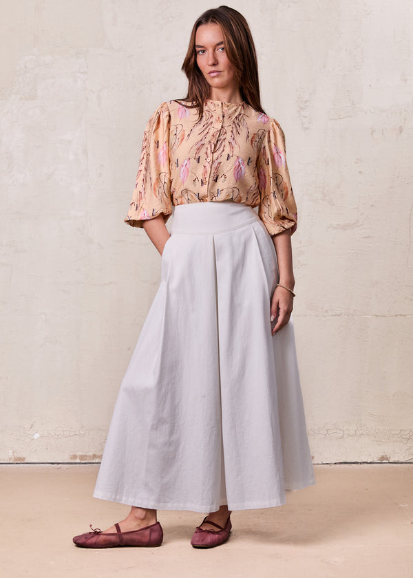 Puff Sleeve Button Down Blouse-Peach Feathers