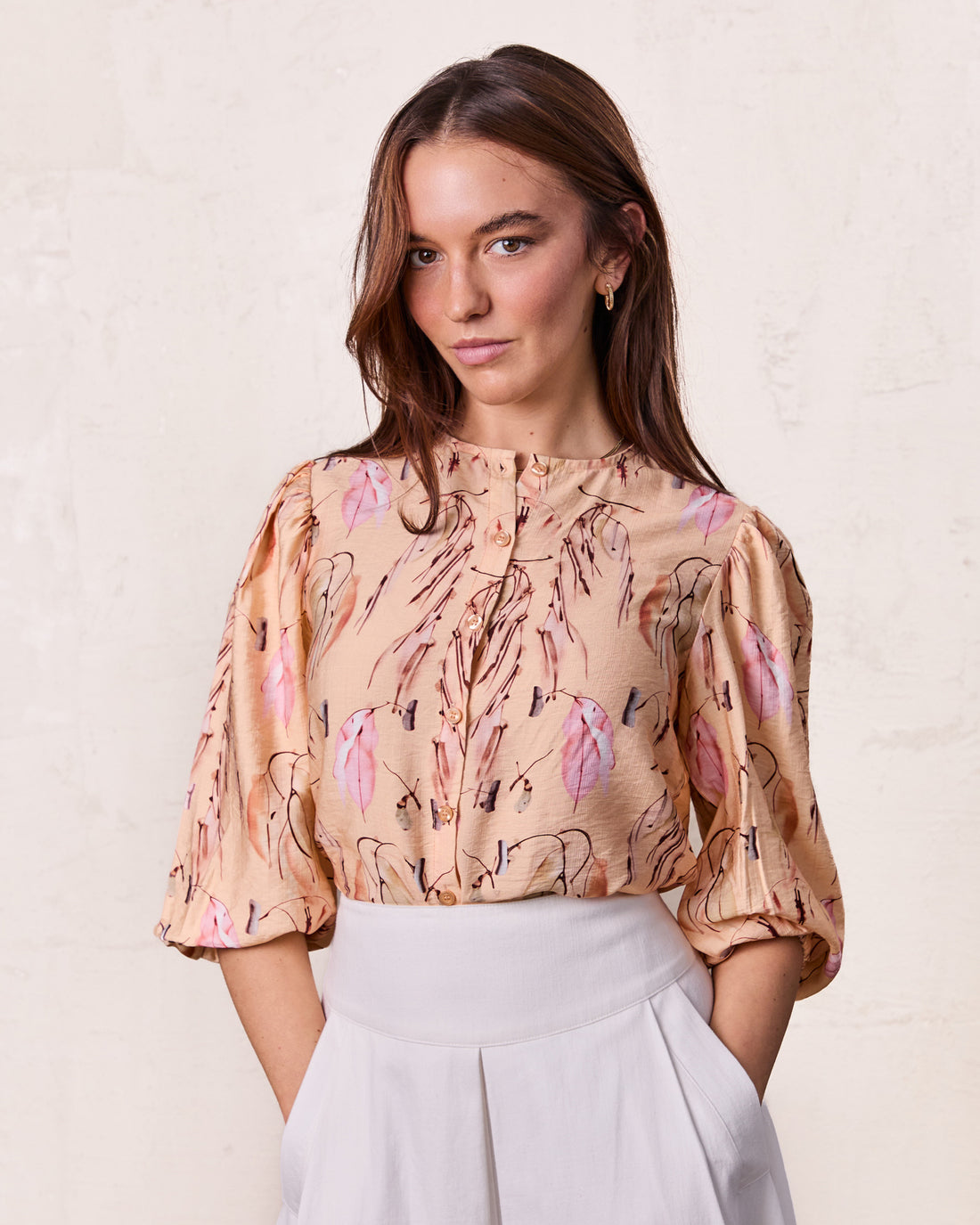 Puff Sleeve Button Down Blouse-Peach Feathers