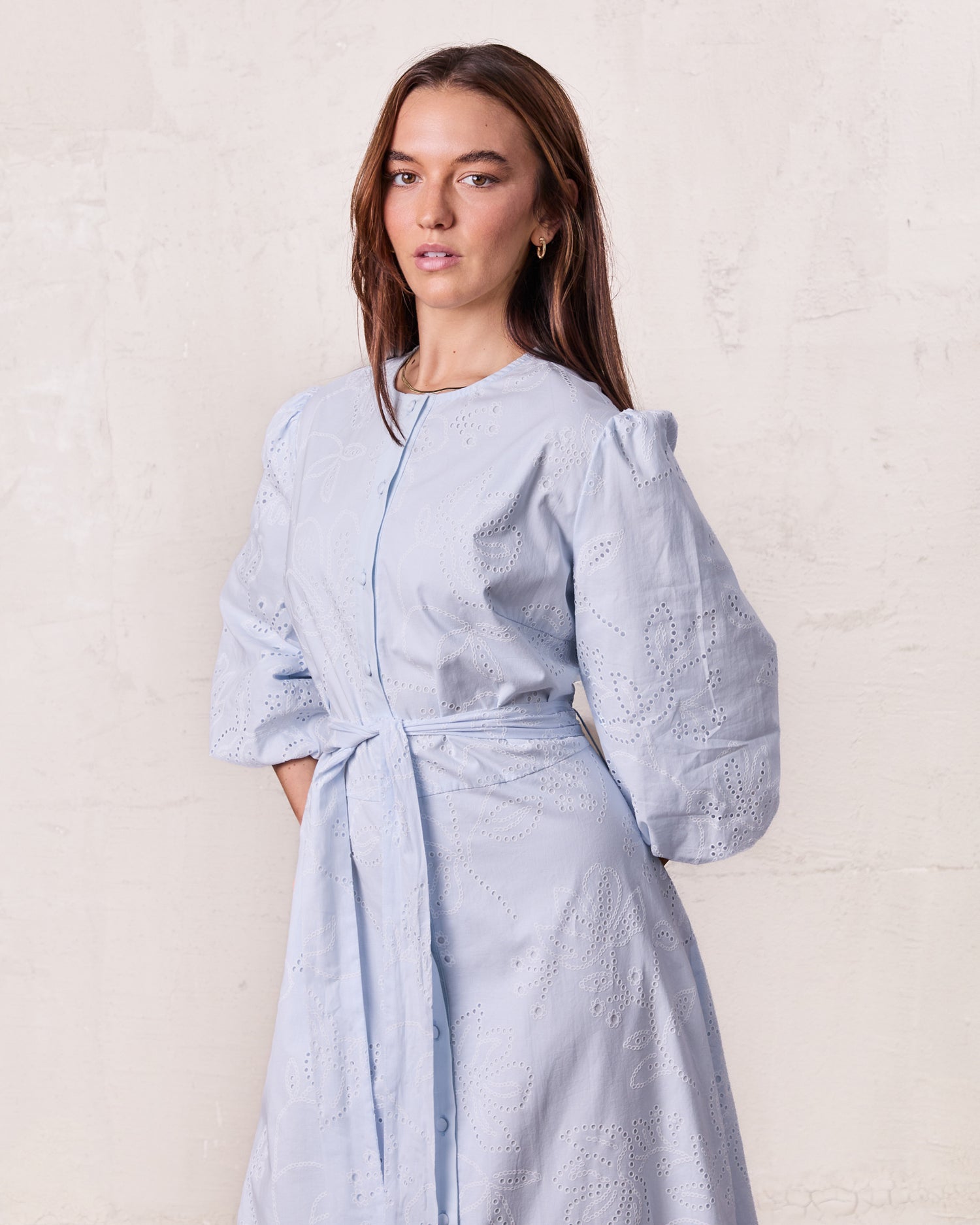 Eyelet Belted A-Line  Shirtdress-Light Blue