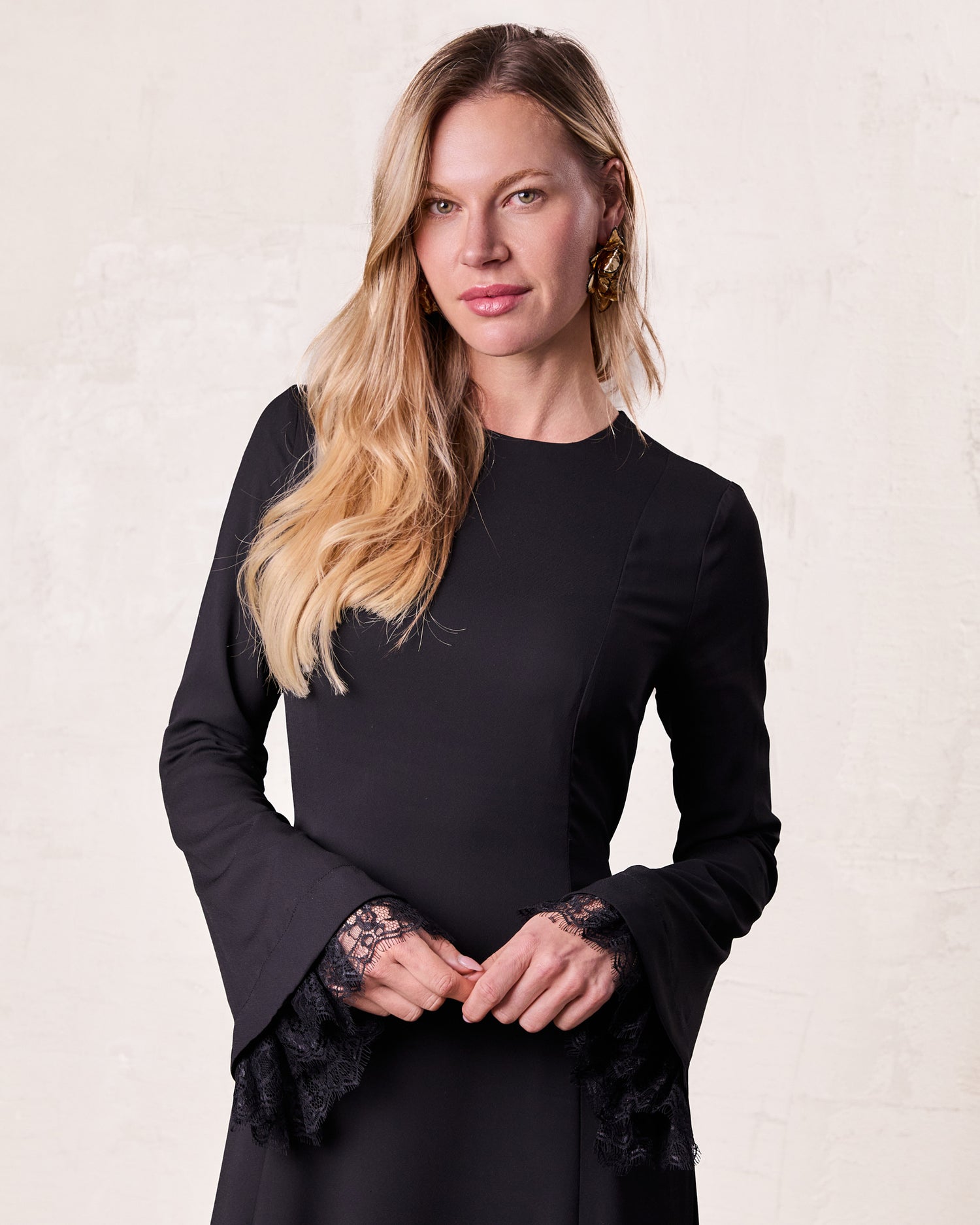 Lace Trim Crepe Dress-Black