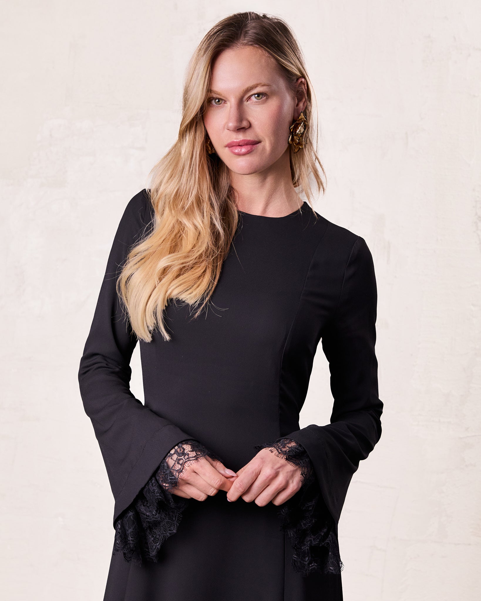 Lace Trim Crepe Dress-Black
