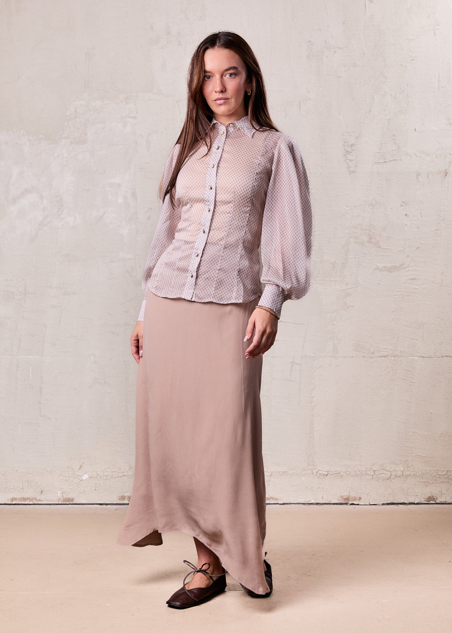 Curved Hem Maxi Skirt-Tan