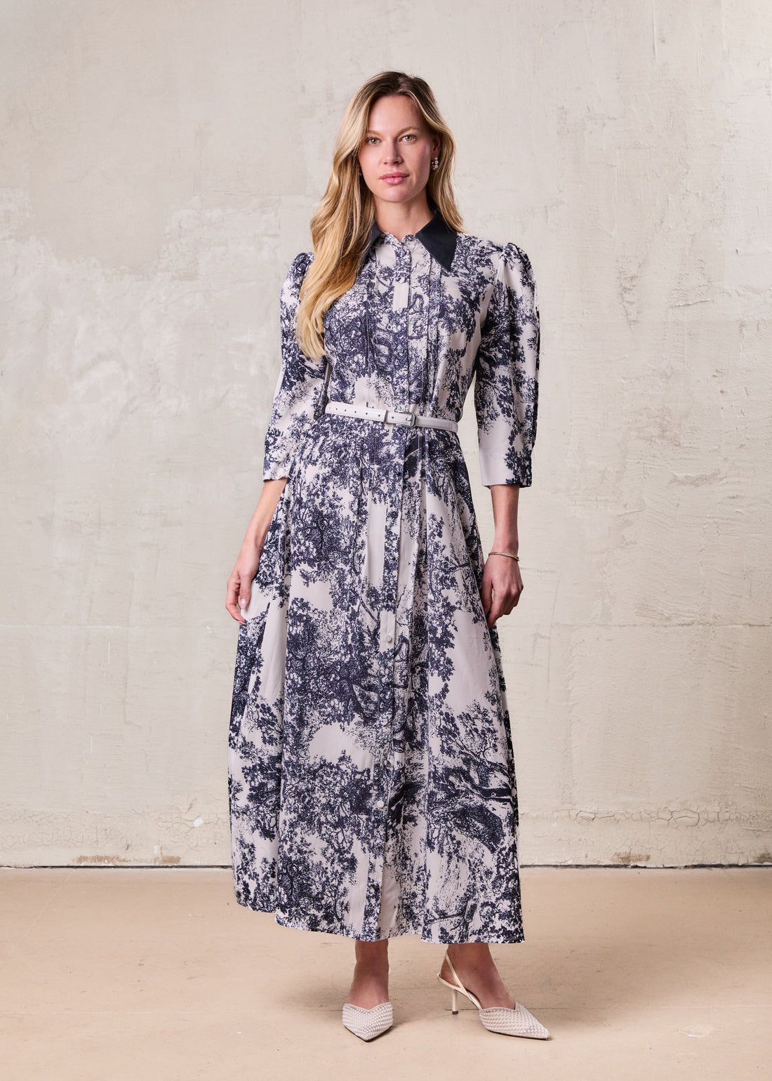 Collared Ruched Back Shirtdress-Navy Toille