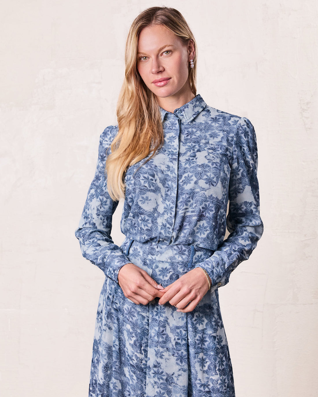 Button Down Bow Blouse-Soft Blue Floral