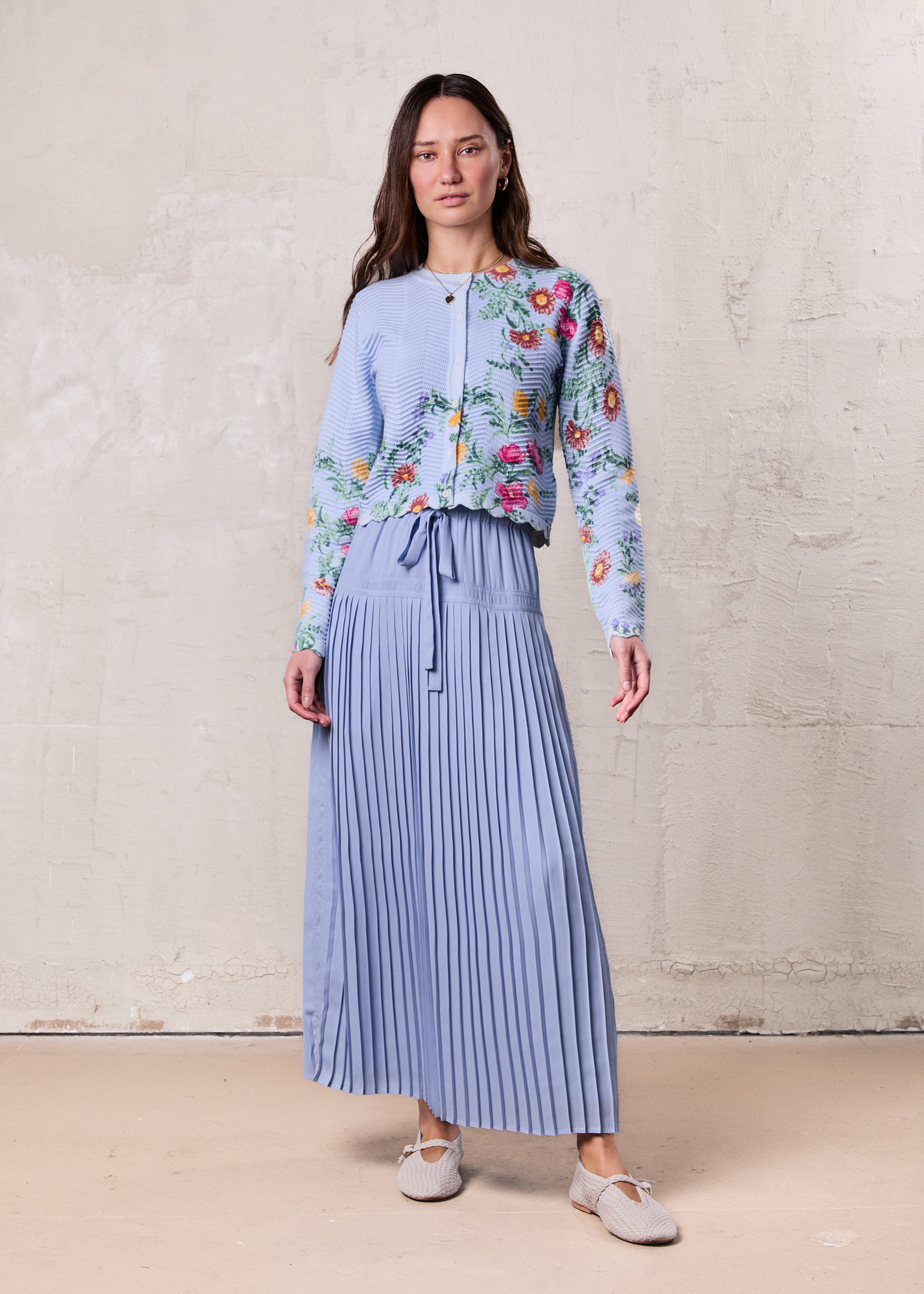 Printed Wave Cardigan-Light Blue Floral