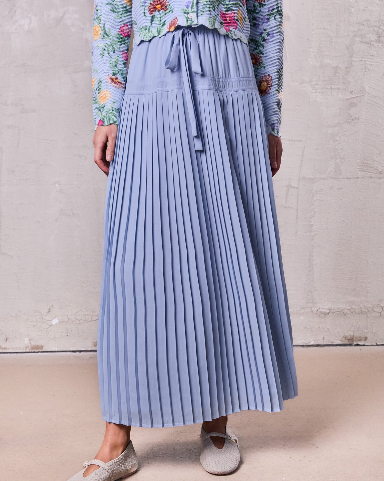 Chiffon Drop Waist Pleat Skirt-Light Blue