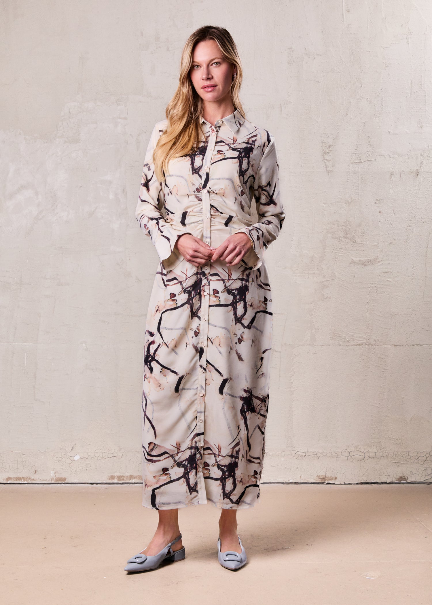 Front Shirred Shirtdress-Cream Floral