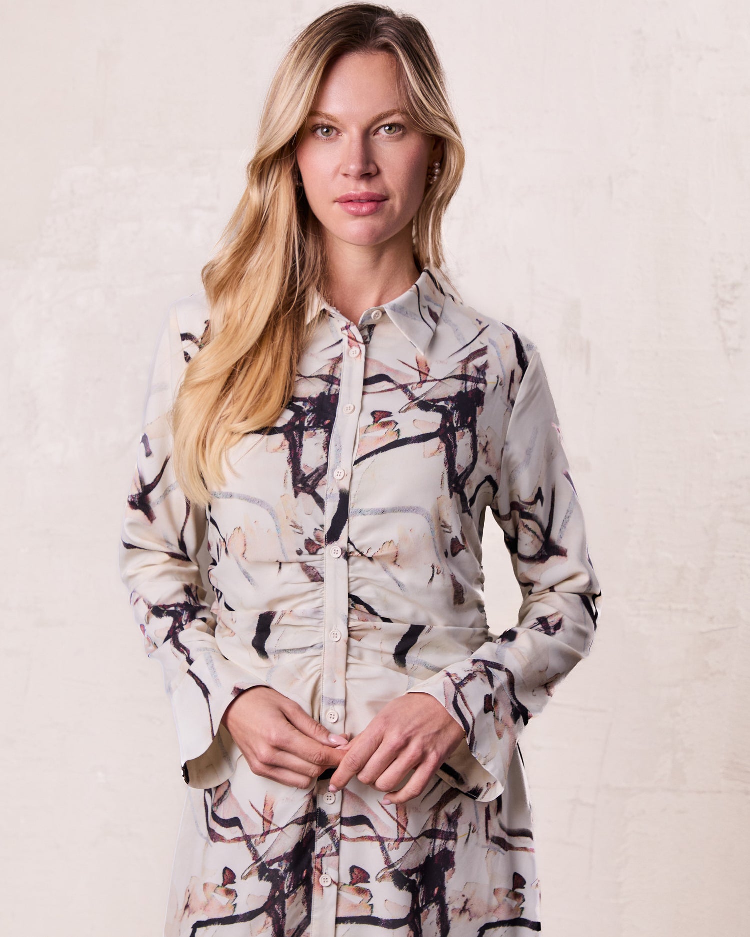 Front Shirred Shirtdress-Cream Floral