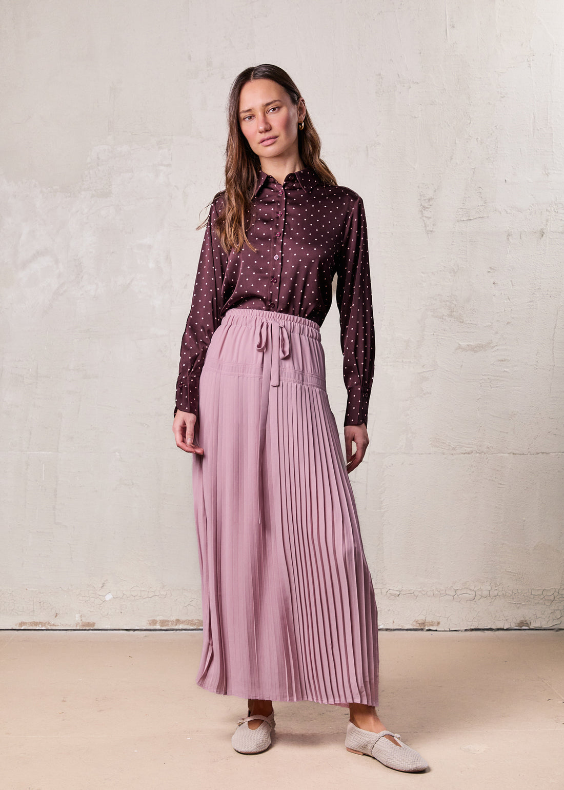 Oversized Satin Blouse-Burgundy Small Polka Dot