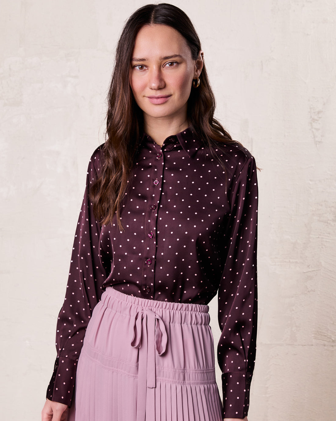Oversized Satin Blouse-Burgundy Small Polka Dot