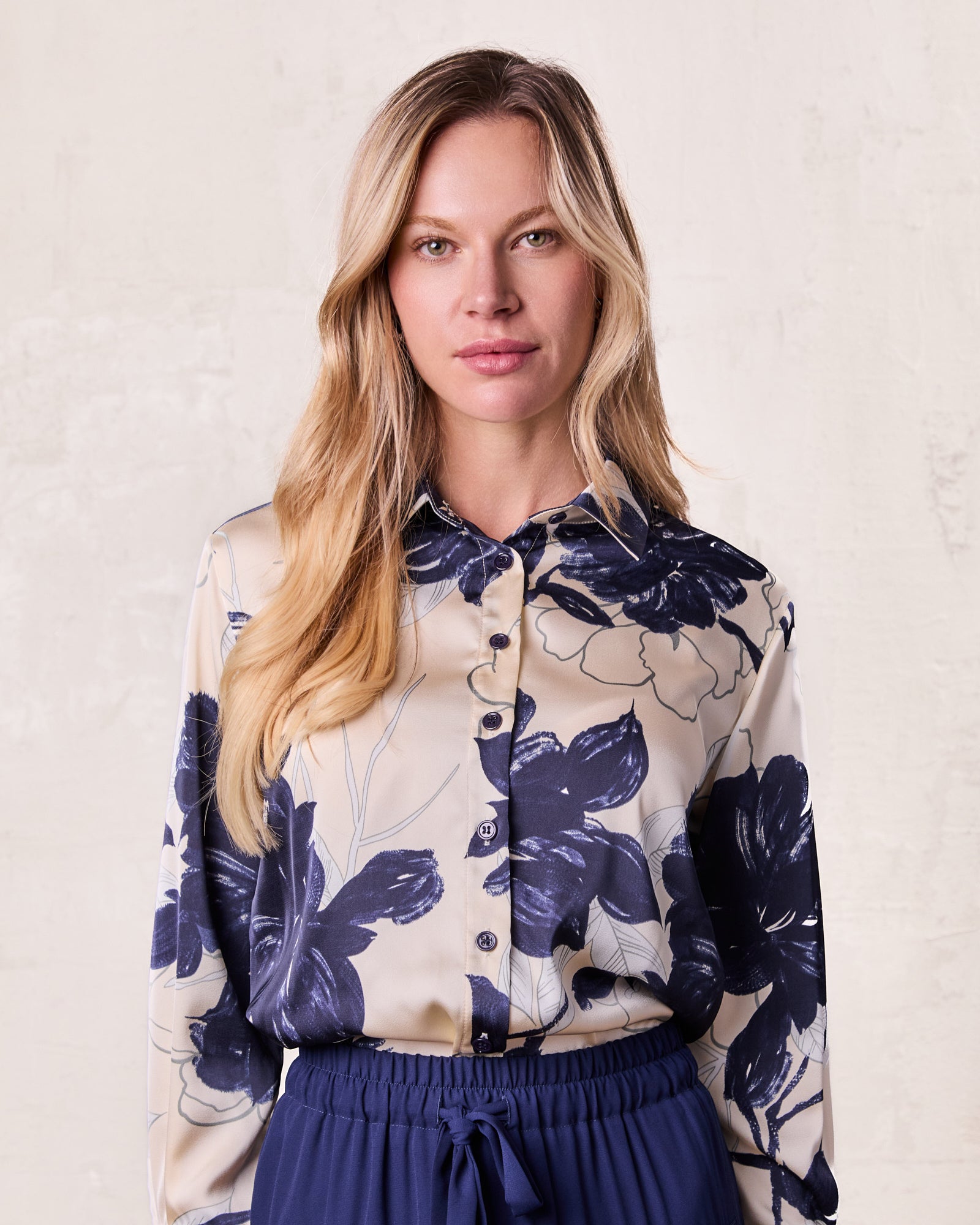 Button Down Collared Blouse-Navy Floral