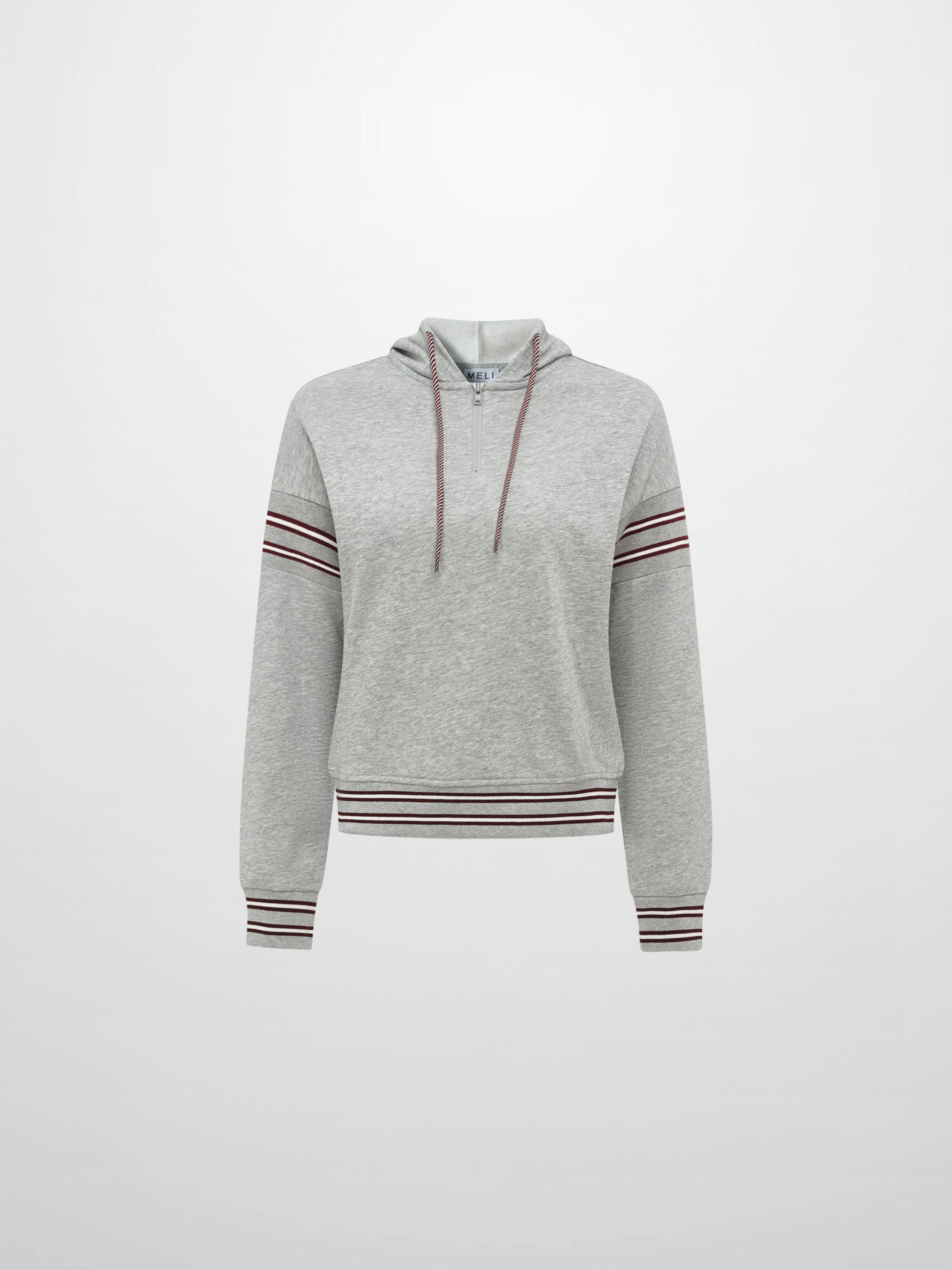 Half Zip Hoodie Sweatshirt - Grey/Burgundy