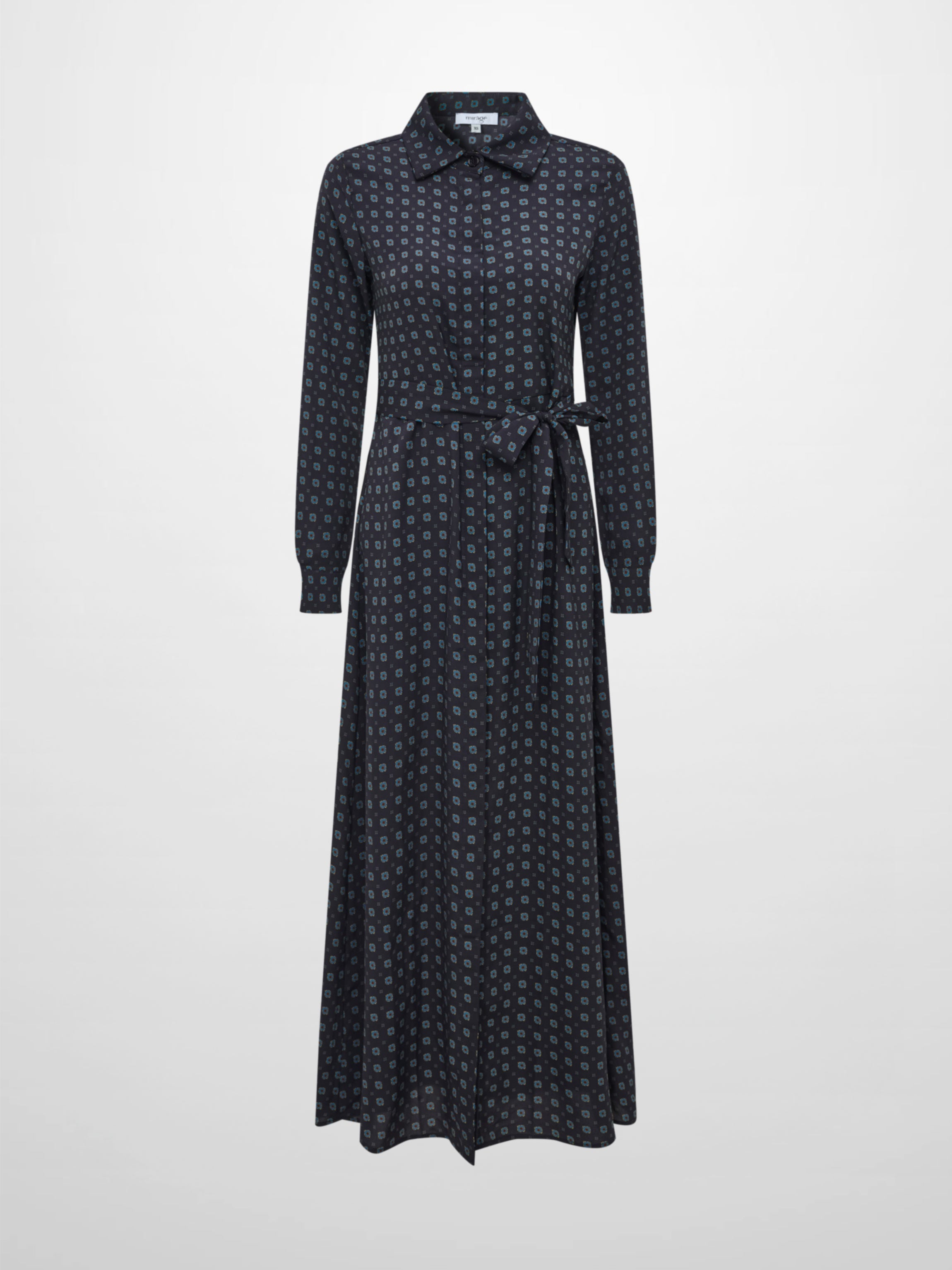 Basic Aline Belted Dress - Navy Geometric