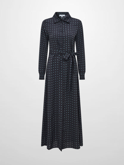 Basic Aline Belted Dress - Navy Geometric