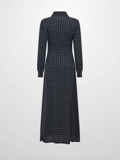 Basic Aline Belted Dress - Navy Geometric