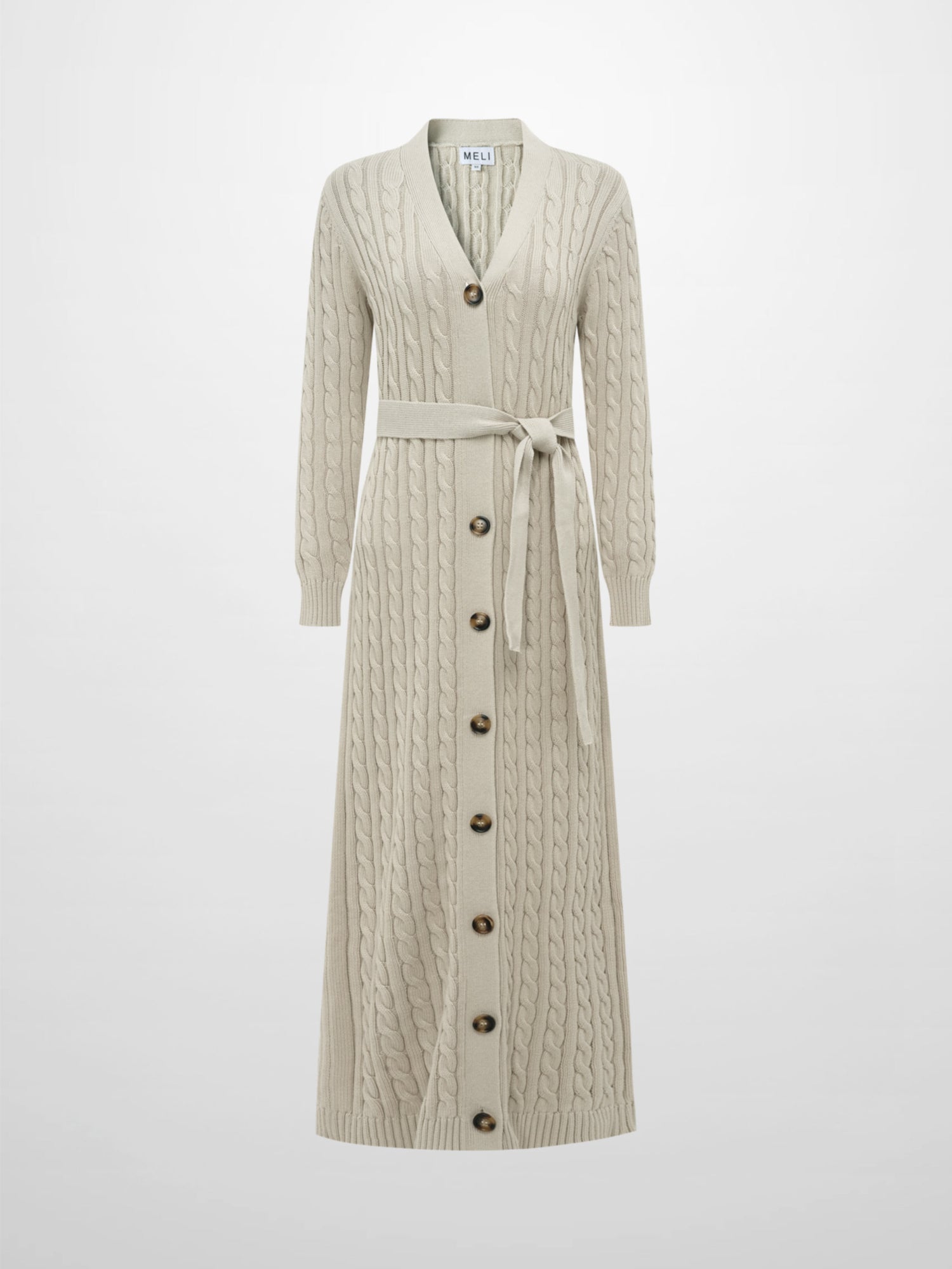Cable Belted Long Sweater Dress - Tan