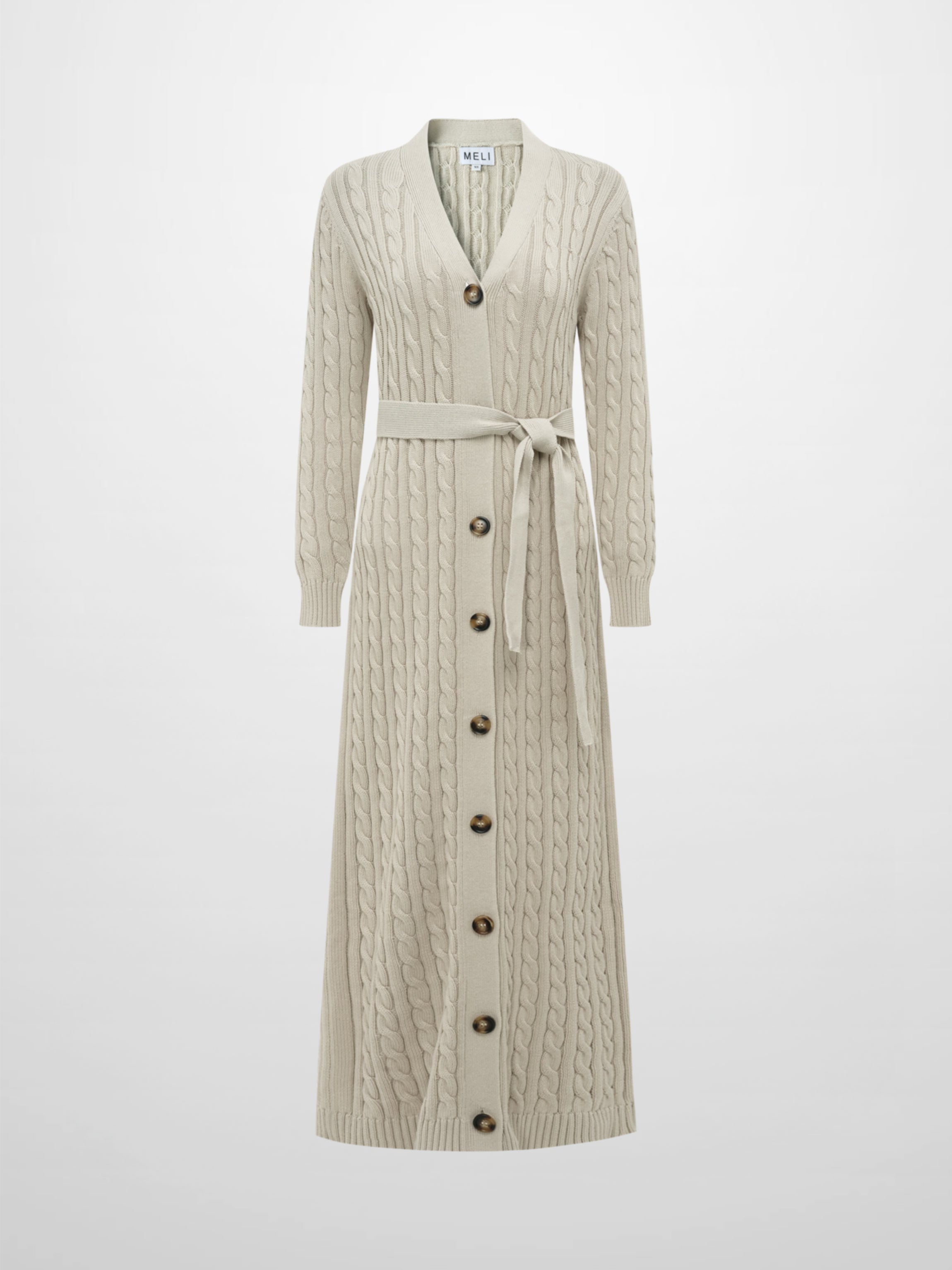 Cable Belted Long Sweater Dress - Tan