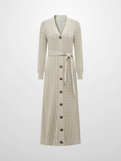 Cable Belted Long Sweater Dress - Tan