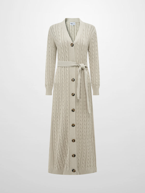 Cable Belted Long Sweater Dress - Tan