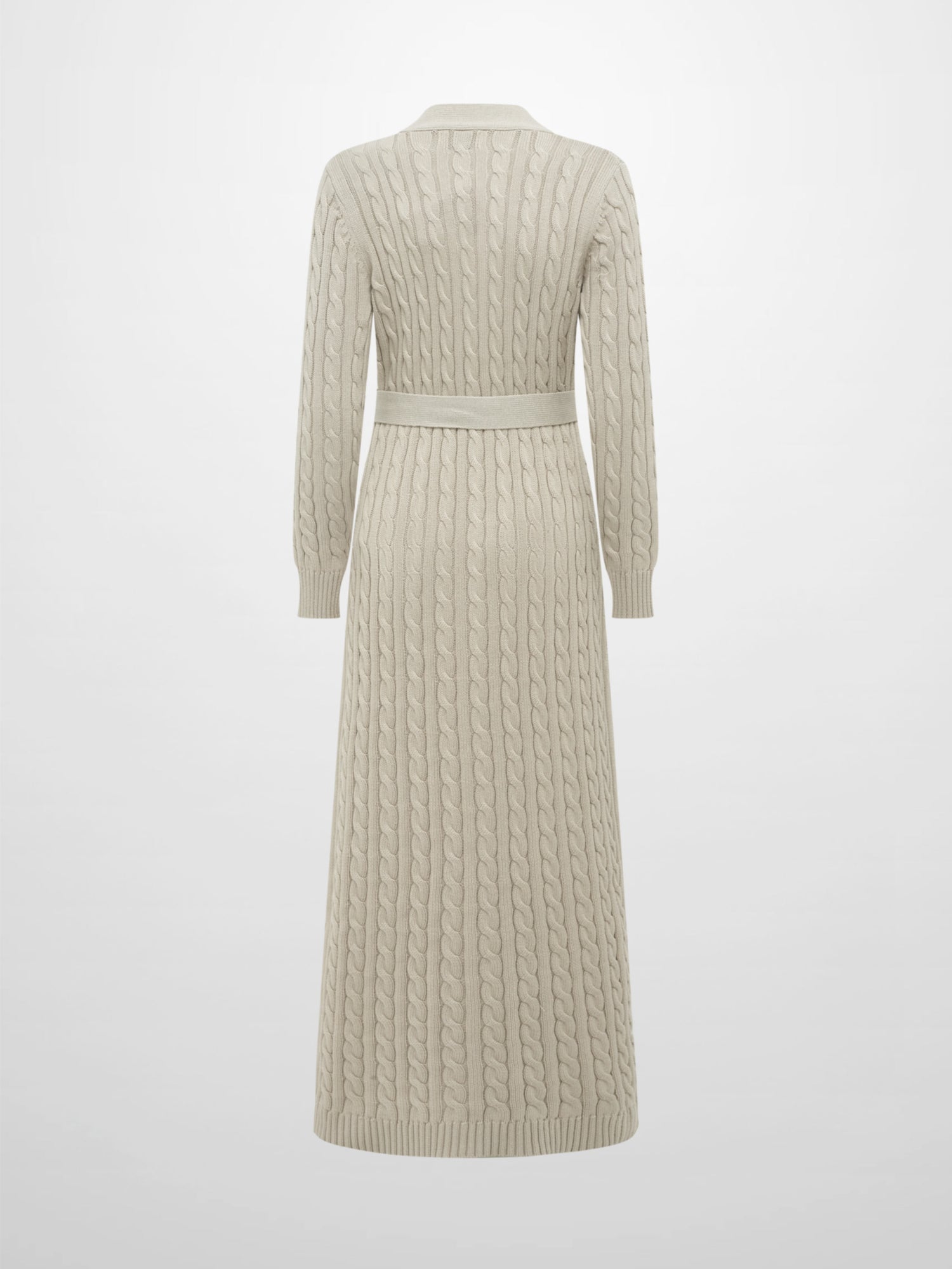 Cable Belted Long Sweater Dress - Tan
