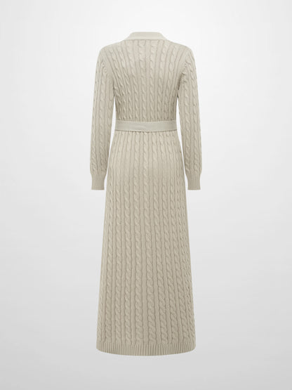 Cable Belted Long Sweater Dress - Tan