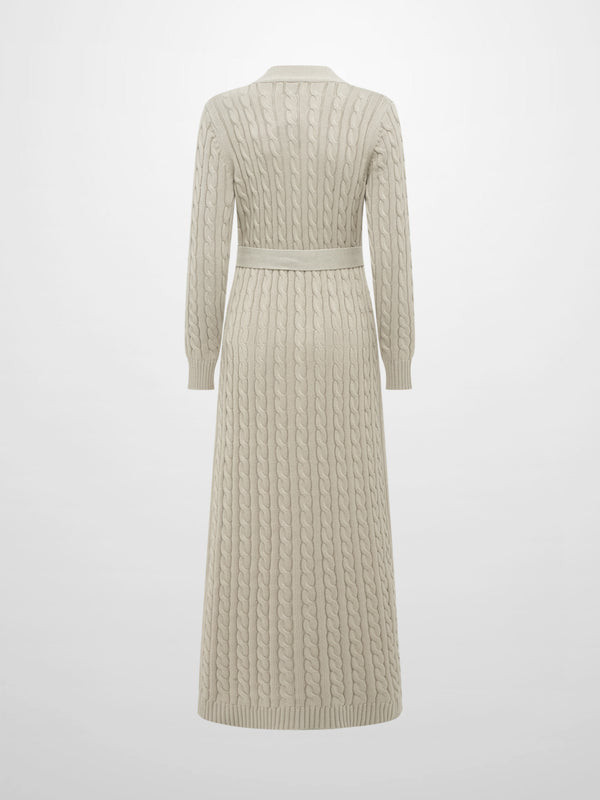 Cable Belted Long Sweater Dress - Tan