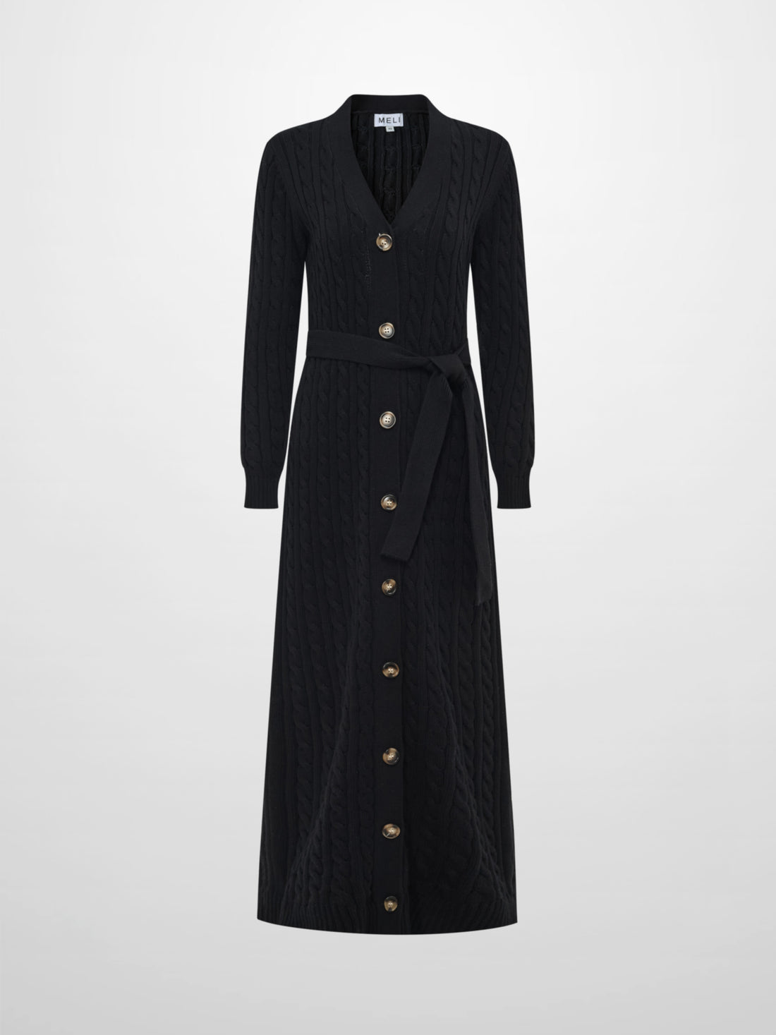 Cable Belted Long Sweater Dress - Black