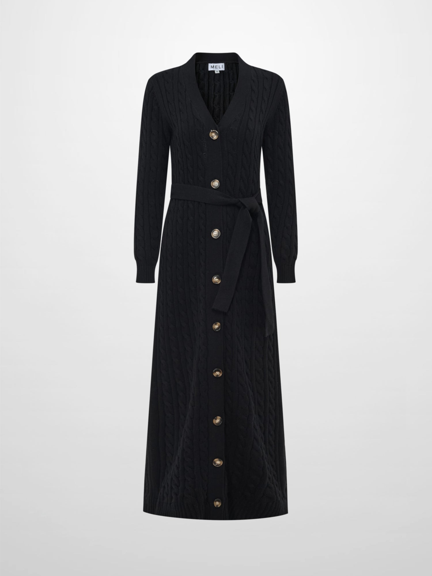 Cable Belted Long Sweater Dress - Black