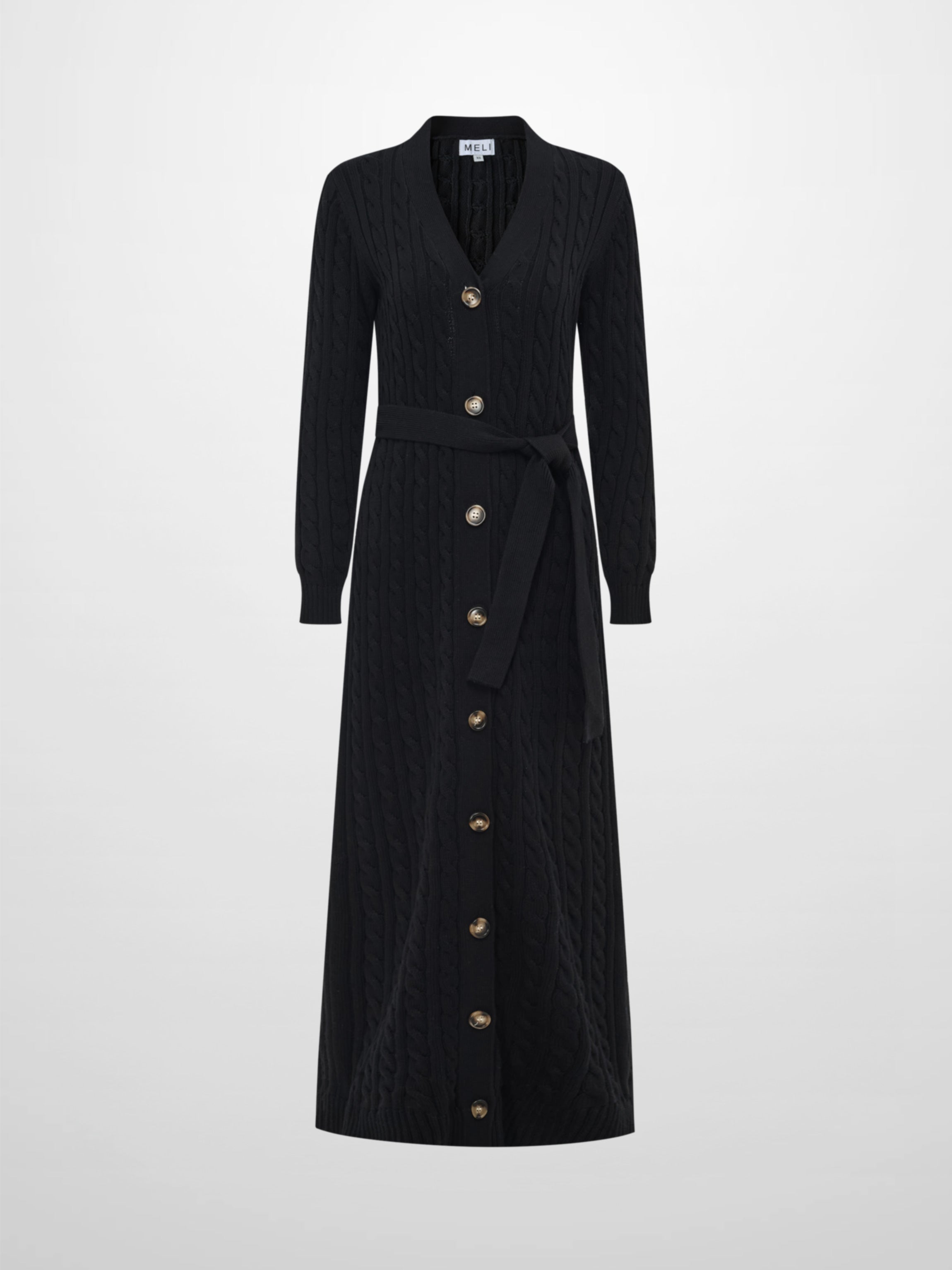 Cable Belted Long Sweater Dress - Black