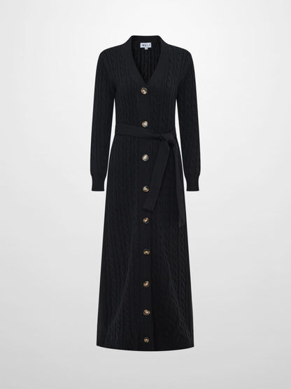Cable Belted Long Sweater Dress - Black