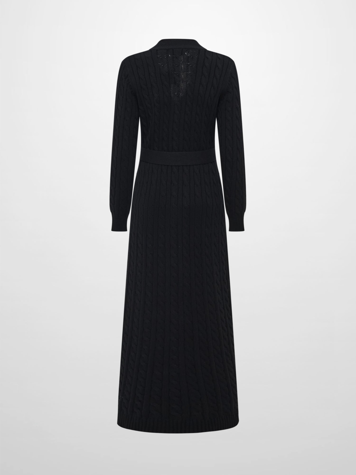 Cable Belted Long Sweater Dress - Black