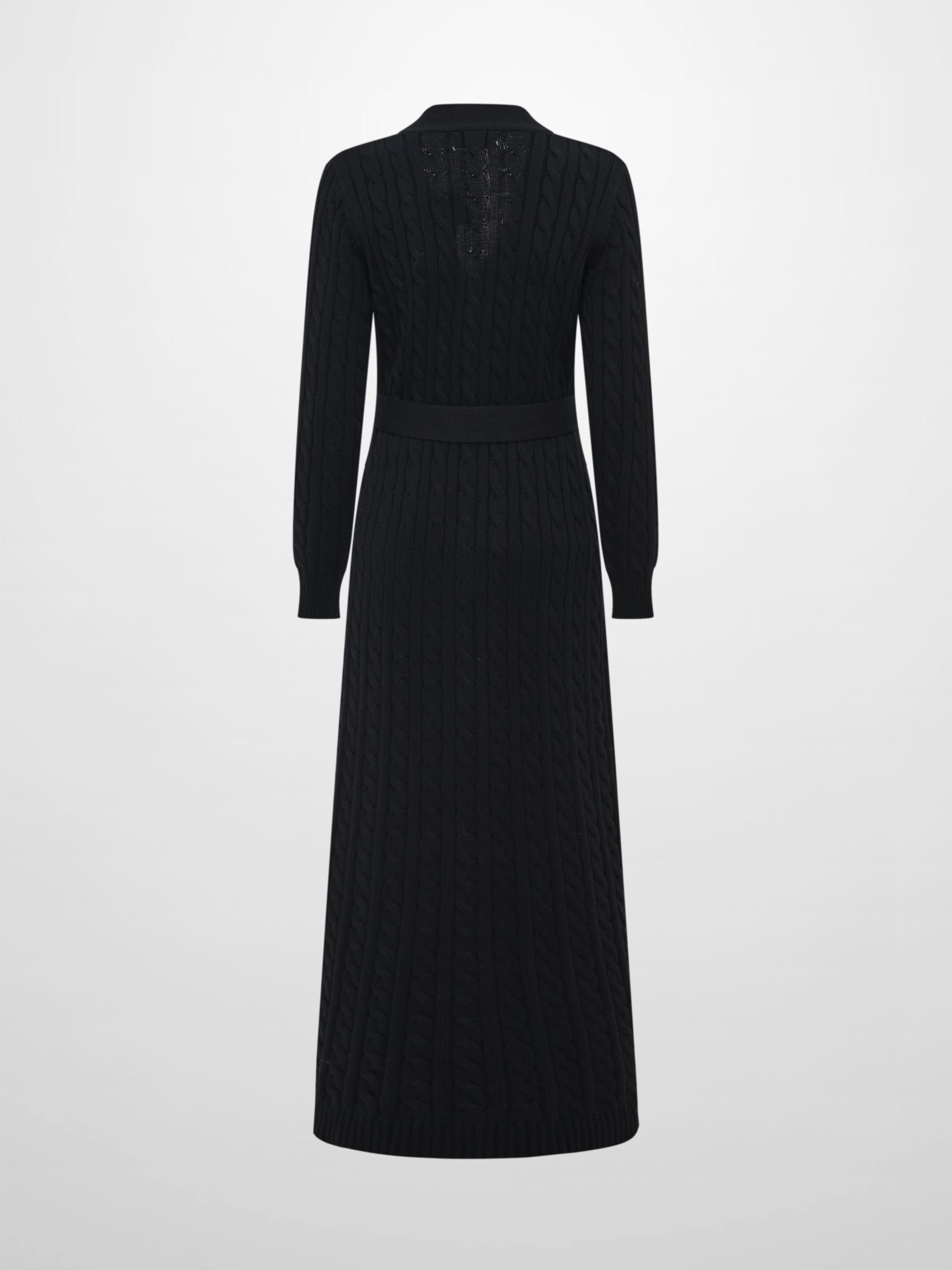Cable Belted Long Sweater Dress - Black