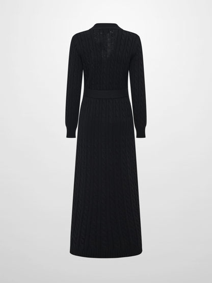 Cable Belted Long Sweater Dress - Black