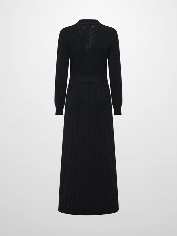 Cable Belted Long Sweater Dress - Black