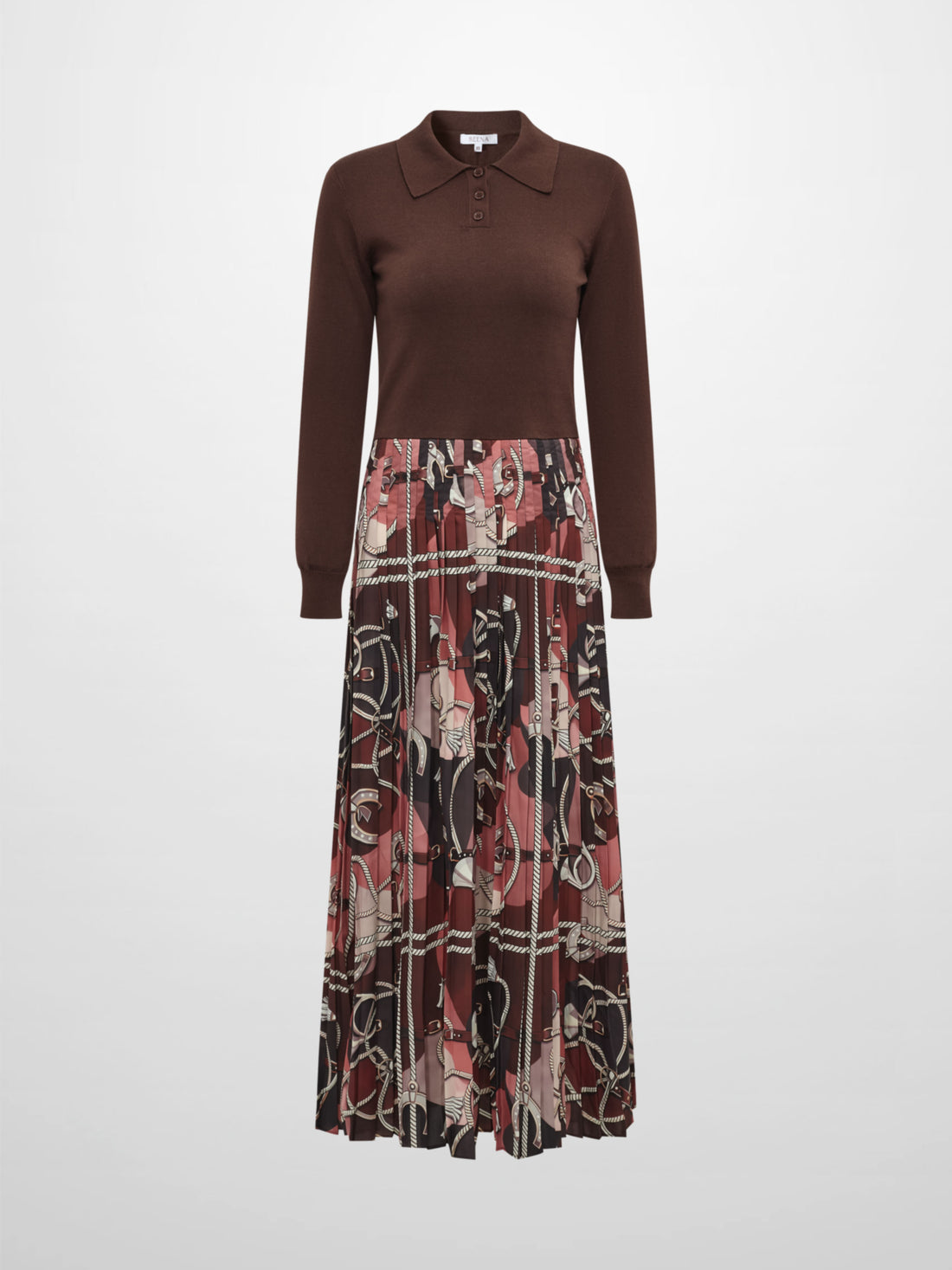 Knit Polo Top Pleat Dress - Brown