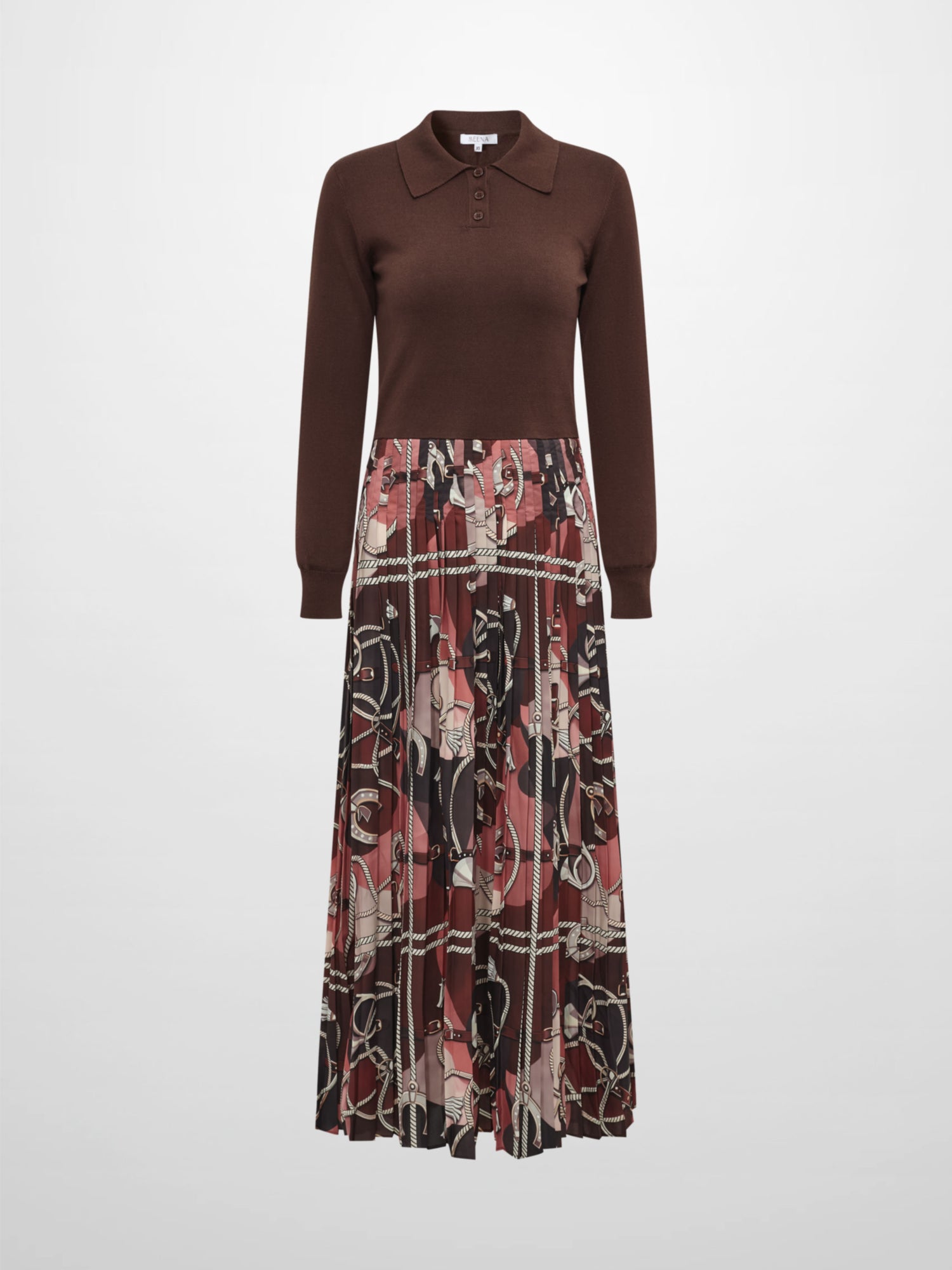 Knit Polo Top Pleat Dress - Brown